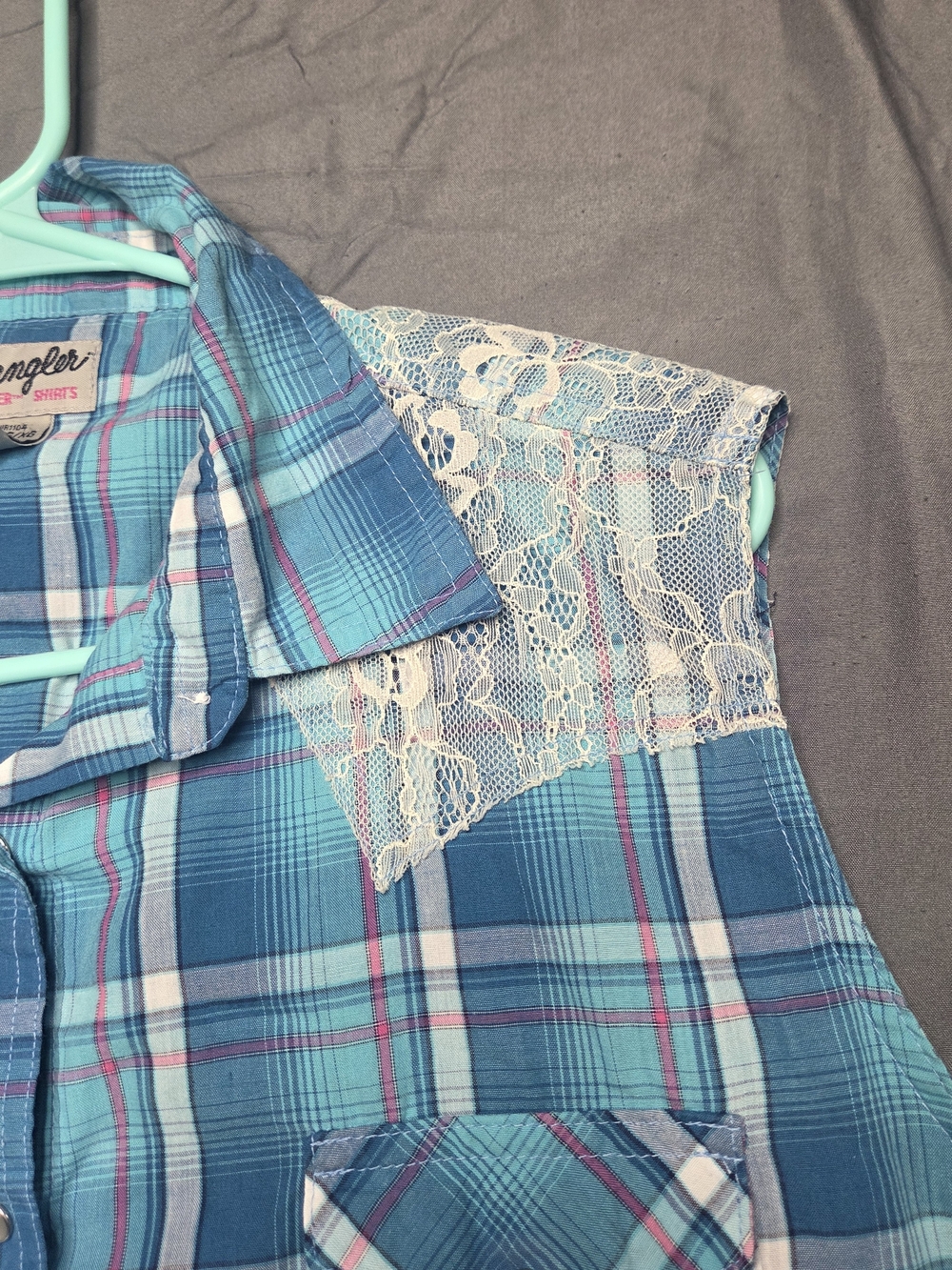 Wrangler Western Sleeveless Plaid Snap Button Shirt XL Lace Yoke Blue - Picture 3 of 6